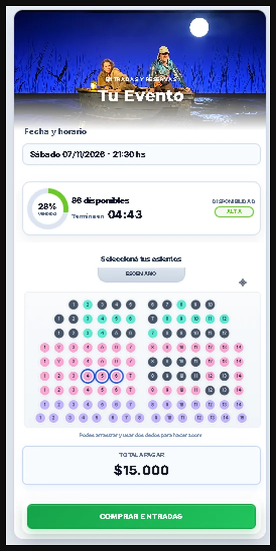 Ejemplo de selección de butacas numeradas para un espectáculo de danza en YaReserve