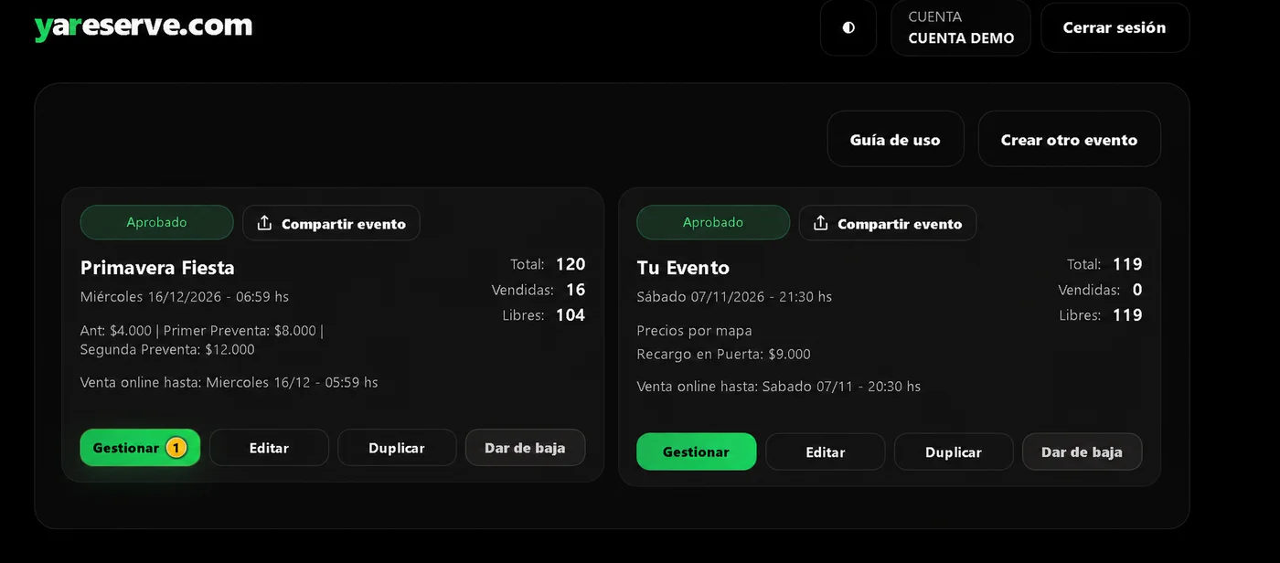 Panel de YaReserve con eventos, ventas, disponibilidad y accesos de gestión; cuenta de demostración